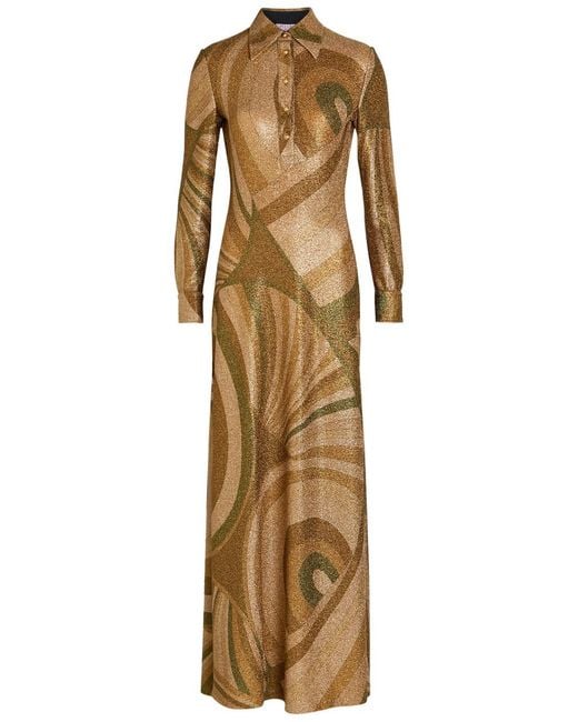 Emilio Pucci Natural Printed Metallic-Jersey Maxi Shirt Dress