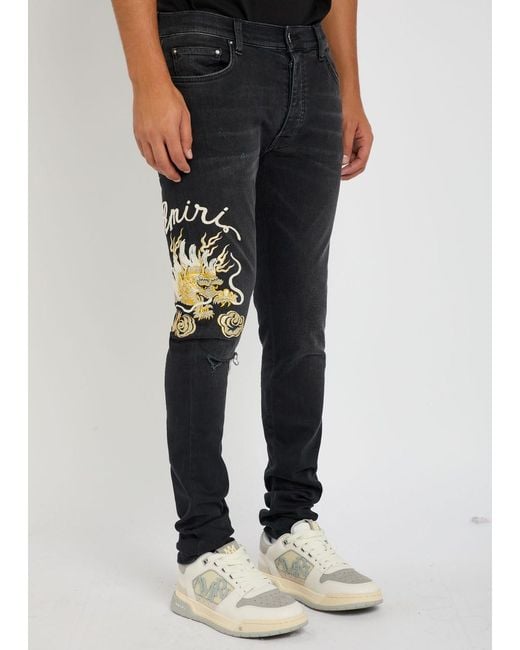 Amiri Blue Dragon Repair Embroidered Slim-Leg Jeans for men