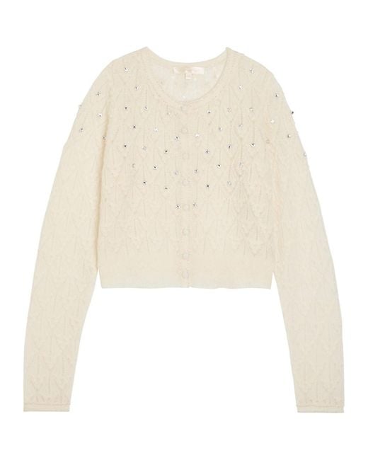 LoveShackFancy Natural Calico Embellished Pointelle-Knit Cropped Cardigan