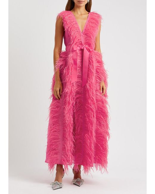 Huishan Zhang Pink Irina Feather-embellished Silk-organza Gown