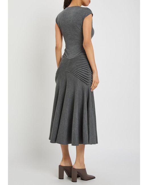 Alaïa Gray Sculpting Ruched Wool Midi Dress
