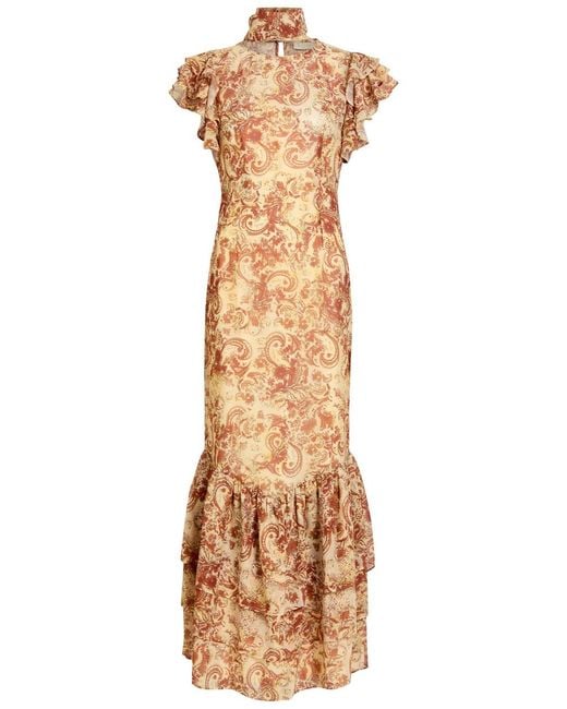 De La Vali Metallic Avalon Floral-Print Chiffon Maxi Dress
