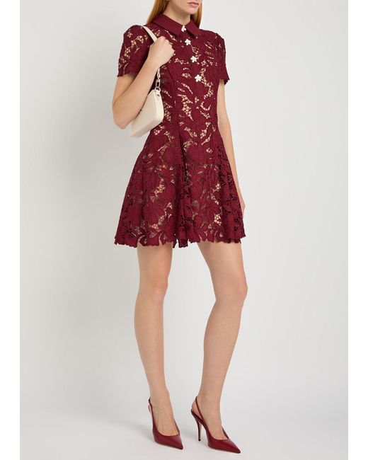 Self-Portrait Red Floral Guipure Lace Mini Shirt Dress