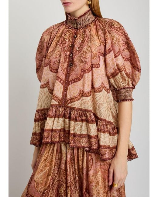Zimmermann Brown Wanderlust Patterned Silk Blouse