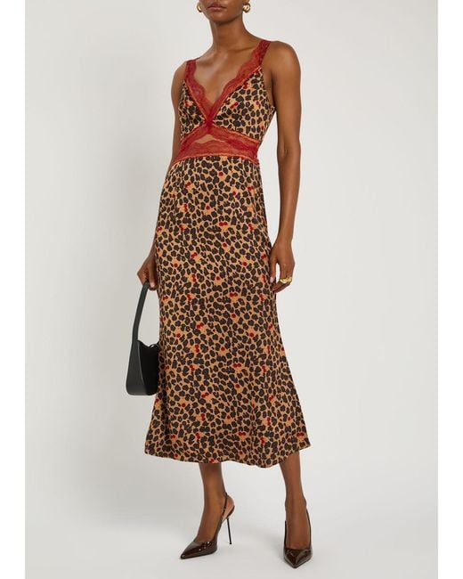 Never Fully Dressed Brown Mimi Cherry And-Print Satin Midi Dress