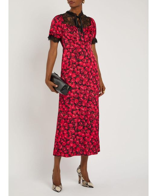 Never Fully Dressed Red Lyla Cherry-Print Lace And Satin Midi Dress