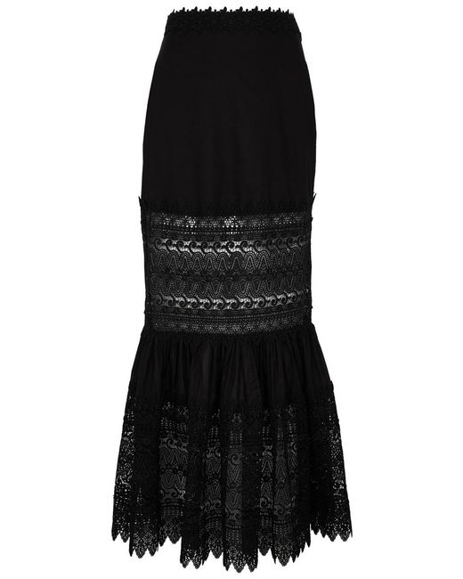 Charo Ruiz Black Viola Lace-Trimmed Cotton-Blend Maxi Skirt