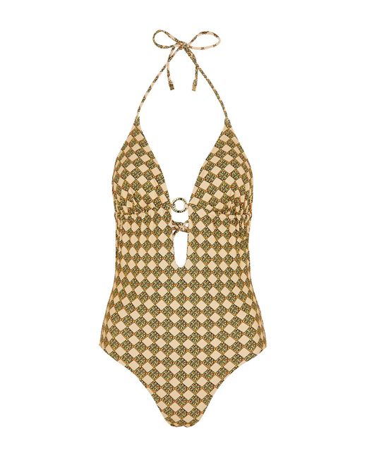 Tory Burch Synthetic Logo-print Halterneck Swimsuit in Yellow | Lyst UK