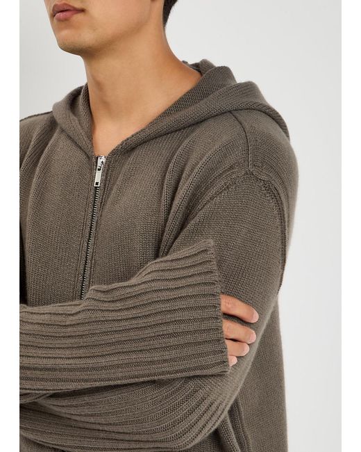 Rick Owens Brown Zipped Hooded Cashmere Jumper for men