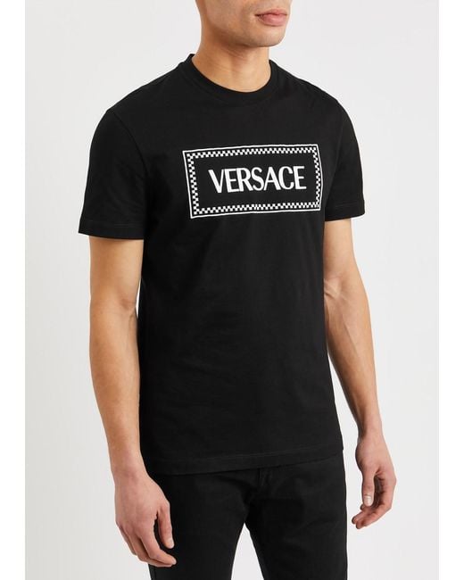 Versace Black Logo-embroidered Cotton T-shirt for men
