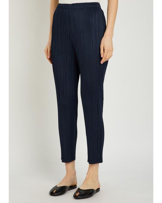 Pleats Please Issey Miyake Blue Pleated Tapered-Leg Woven Trousers