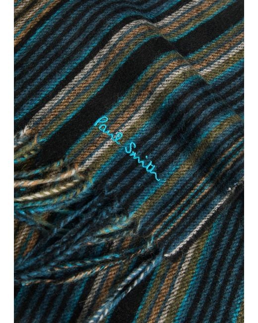 Paul Smith Gray Trent Striped Logo-Embroidered Wool Scarf for men