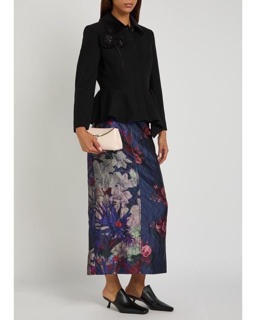 Erdem Blue Floral-Print Textured Satin Midi Skirt