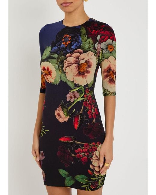 Alice + Olivia Black Delora Floral-Print Jersey Mini Dress