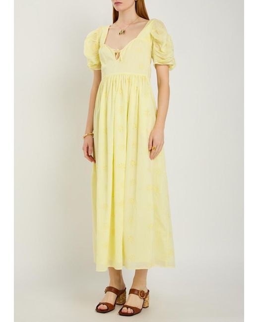 Thierry Colson Yellow Calliope Embroidered Cut-Out Cotton Midi Dress