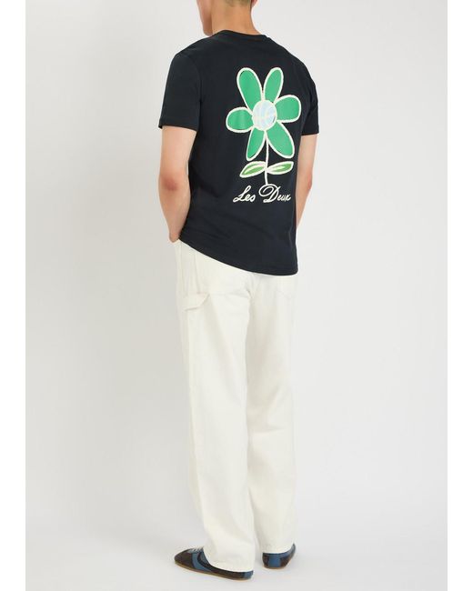 Les Deux Black Flower Printed Cotton T-Shirt for men