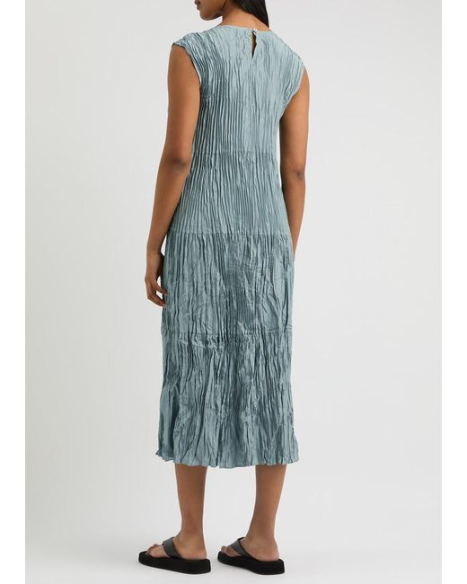 Eileen Fisher Blue Jewel Plissé Silk Midi Dress