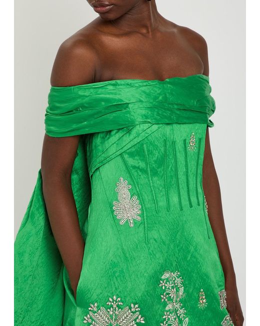 Erdem Green Embellished Off-The-Shoulder Crinkled Satin Mini Dress