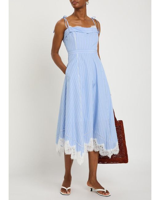 Jonathan Simkhai Blue Avaleigh Striped Lace-Trim Cotton Midi Dress