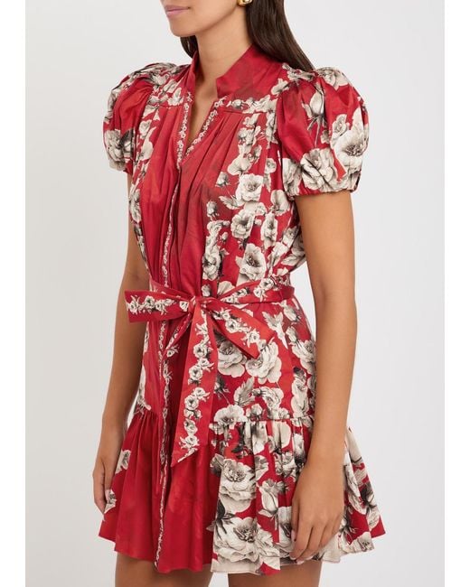 Alice + Olivia Red Cora Floral-Print Stretch-Cotton Mini Dress