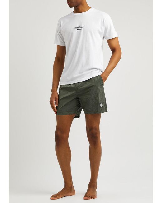 Stone Island Green Logo Crinkled Nylon Swim Shorts for men