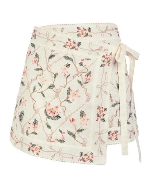 Agua Bendita Natural Luna Floral-Print Linen Mini Wrap Skirt