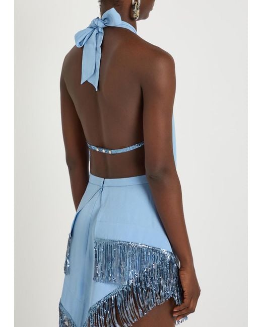 Rabanne Blue Fringed Chains Asymmetric Woven Top