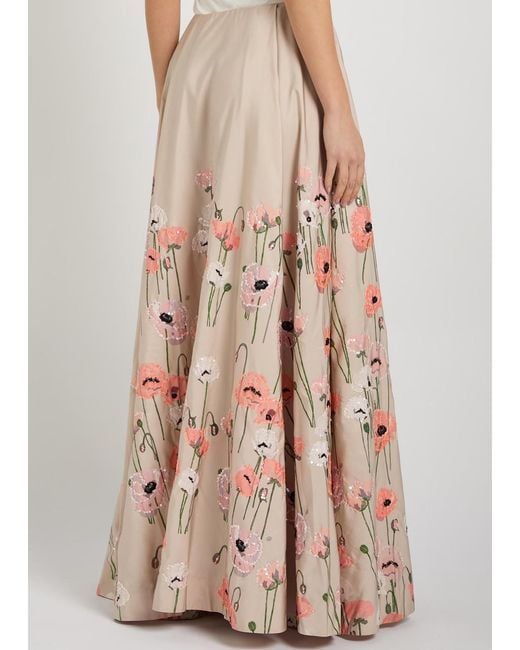 BERNADETTE Natural Kennedy Floral-Embellished Satin-Poplin Maxi Skirt