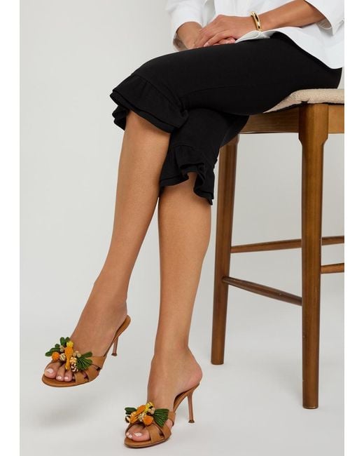 Aquazzura Brown Birdsong 75 Appliquéd Woven Raffia Mules