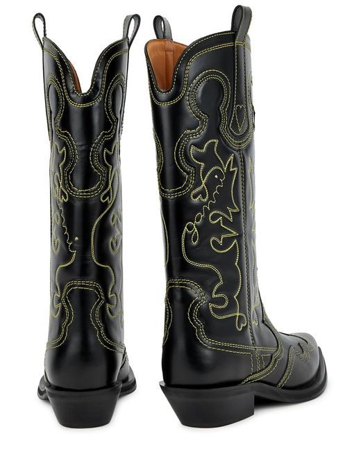 Ganni Black Embroidered Leather Cowboy Boots