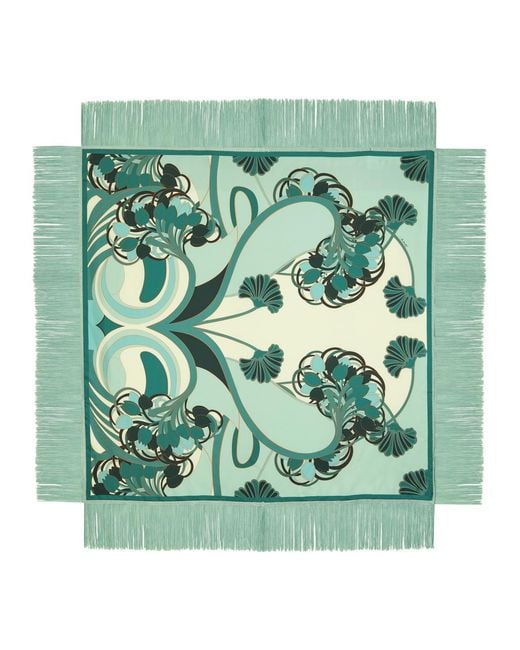 LaDoubleJ Green Reversible Printed Fringed Silk Scarf