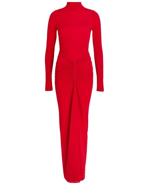 Ronny Kobo Red Scorpio Ruched Stretch-Mesh Midi Dress