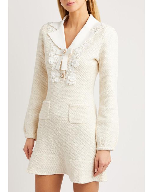 Self-Portrait White Floral-appliquéd Knitted Mini Dress
