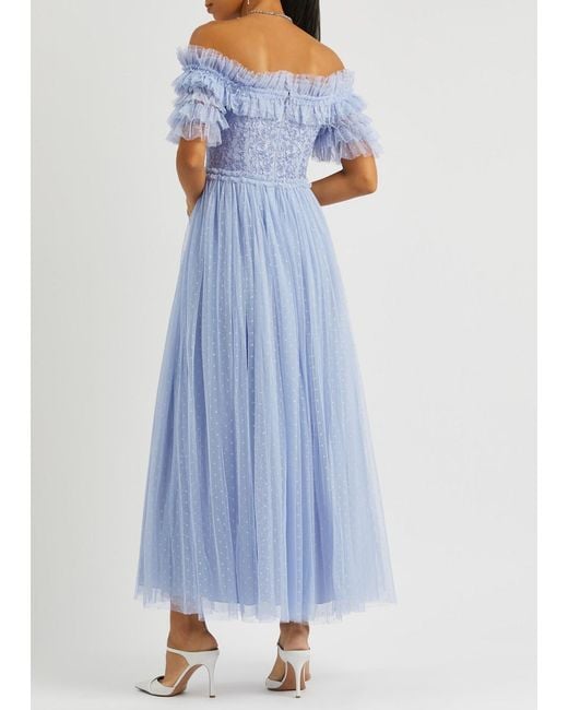 Needle & Thread Blue Midsummer Floral-Embroidered Tulle Gown