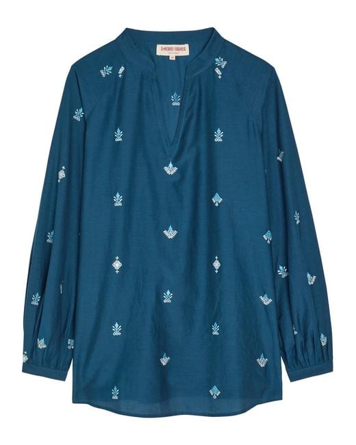 Emporio Sirenuse Blue Ilizia Embroidered Cotton And Silk-Blend Shirt