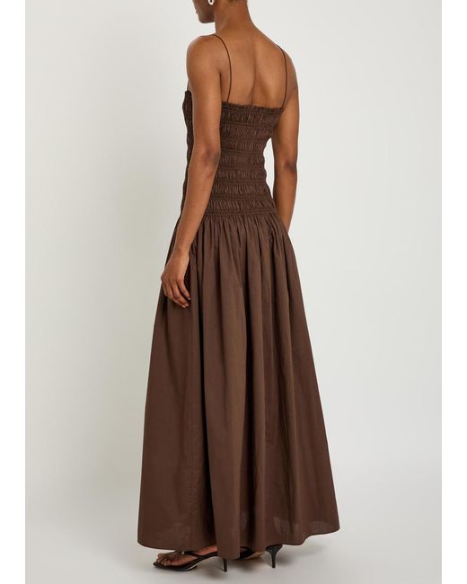Matteau Brown Shirred Cotton-Poplin Maxi Dress
