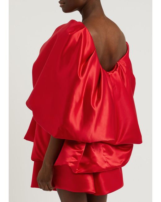 Simone Rocha Red One-Shoulder Bow Satin Top