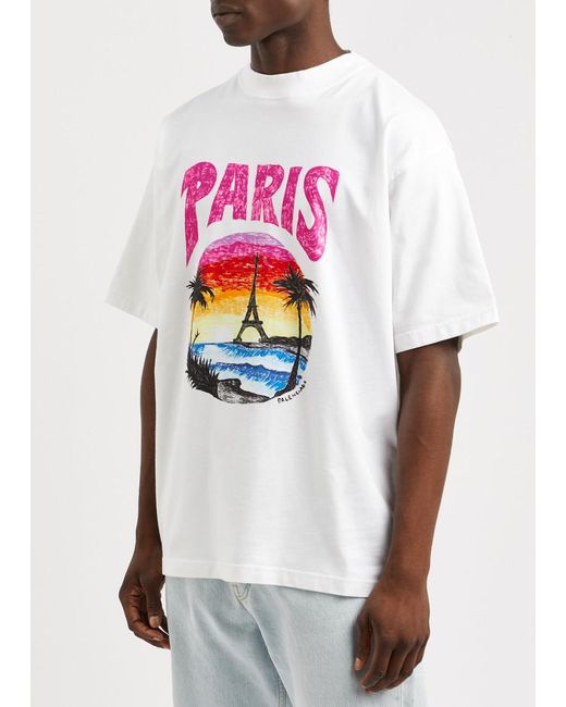 Balenciaga White Paris Tropical Printed Cotton T-Shirt for men