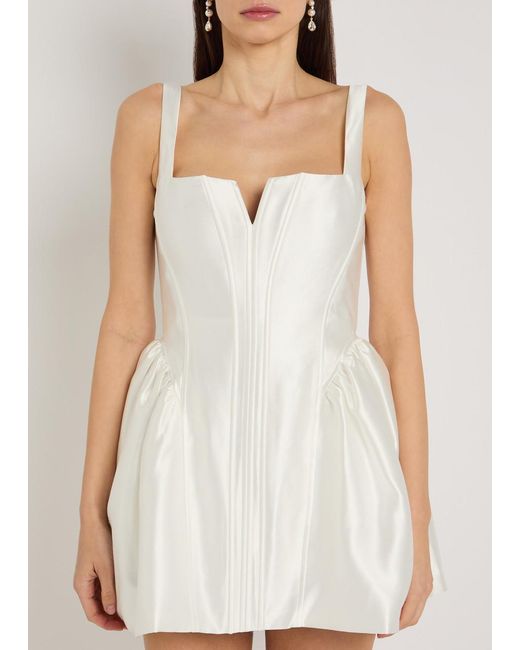 Self-Portrait White Square-Neck Satin-Twill Mini Dress