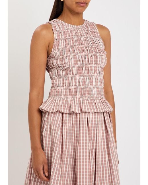 Faithfull The Brand Pink Cales Checked Shirred Cotton-Poplin Top