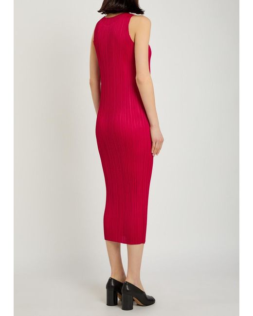 Pleats Please Issey Miyake Red Pleated Woven Midi Dress