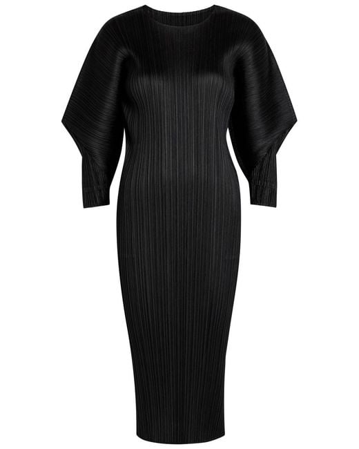 Pleats Please Issey Miyake Black Pleated Woven Midi Dress