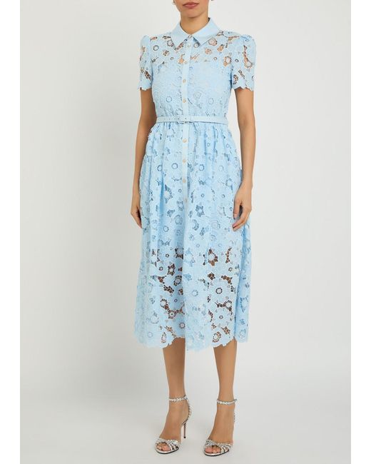 Self-Portrait Blue Belted Guipure-Lace Midi Shirt Dress