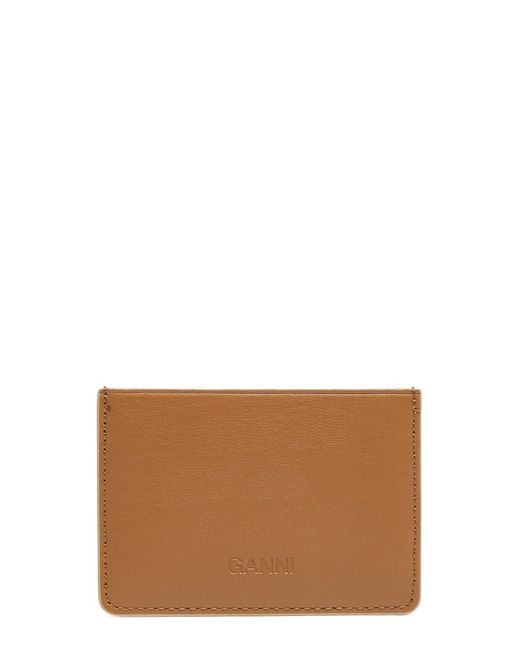 Ganni Brown Bou Logo Leather Card Holder