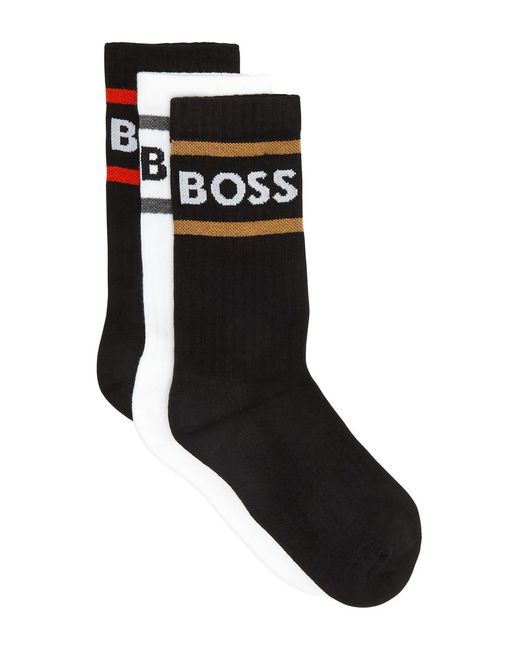 Boss Black Striped Logo-intarsia Stretch-cotton Socks for men