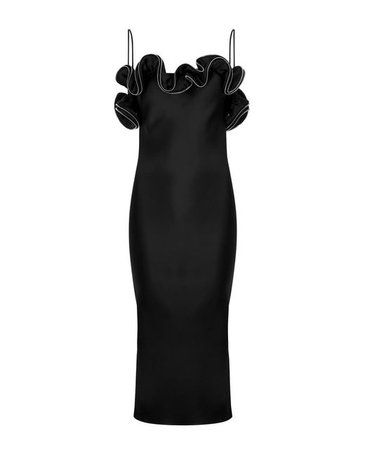 Coperni Black Ruffle-Trimmed Satin Midi Dress