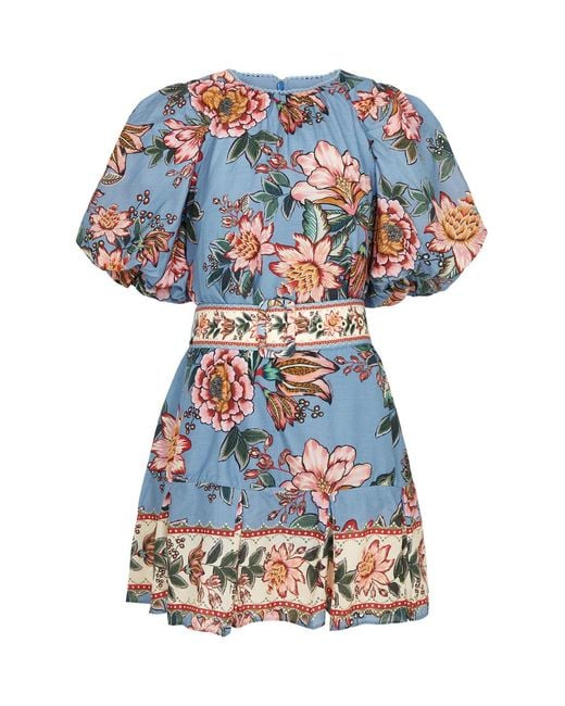 Farm Rio Blue Wonderful Bouquet Printed Cotton-Blend Mini Dress