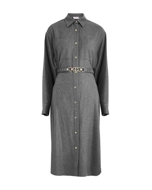 Moncler Gray Belted Wool-Blend Midi Shirt Dress