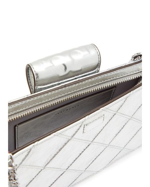 Tory Burch White Fleming Mini Metallic Leather Wallet-On-Chain
