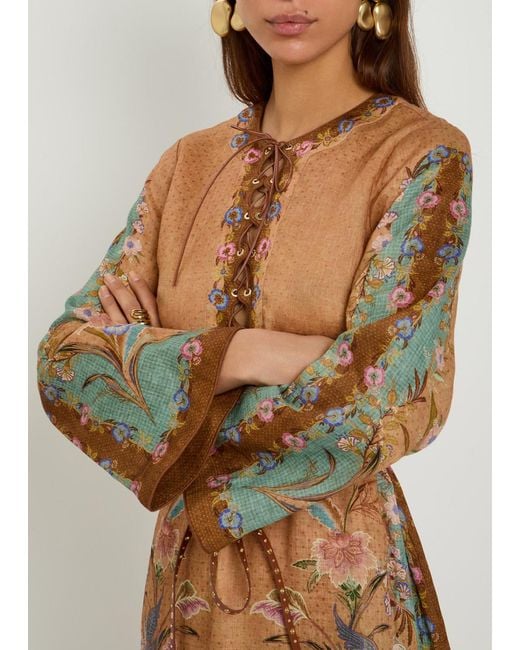 Zimmermann Natural Indra Belted Printed Linen Midi Tunic Dress